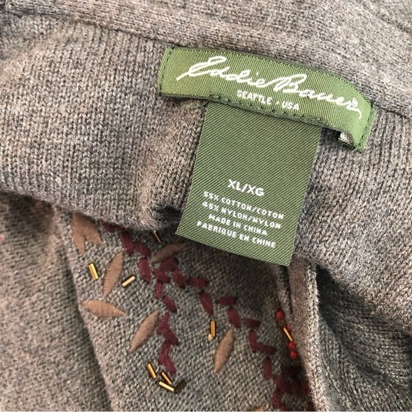 Eddie Bauer embroidered v-neck cardigan grey cotton blend berries beaded XL - Picture 6 of 8